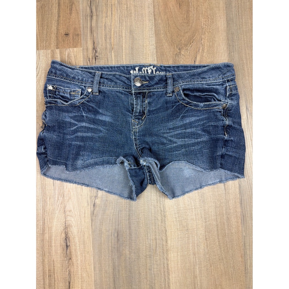 WallFlower Womens Y2K Low Rise Cut Off Denim Shorts Dark Wash Embroidered Sz 13